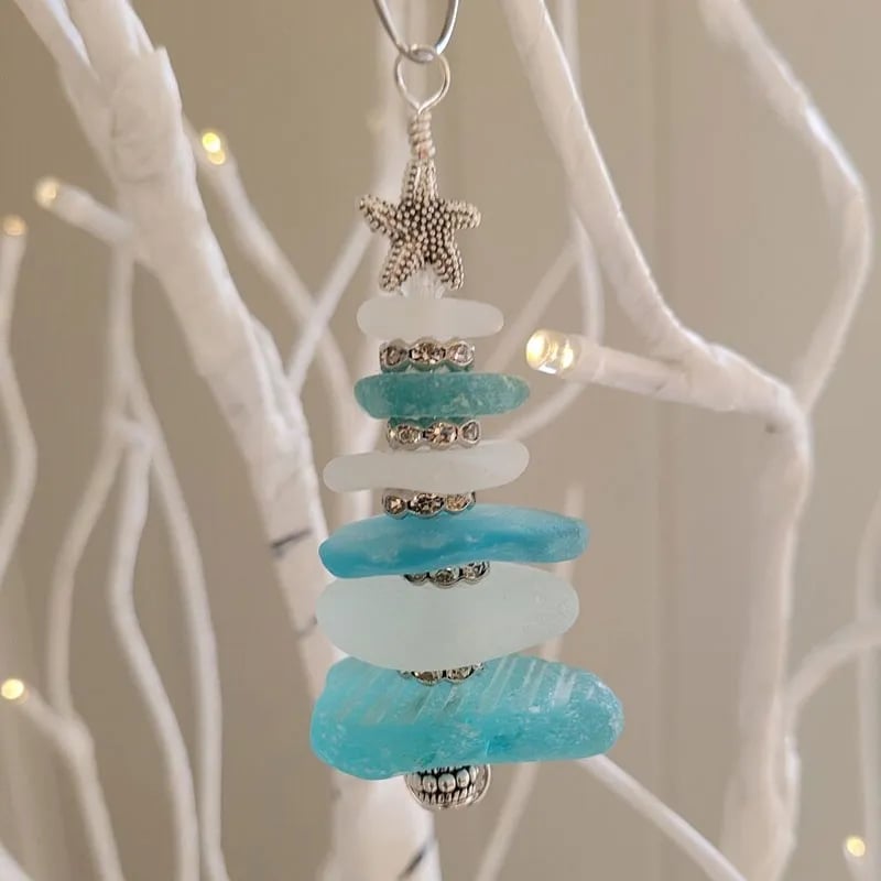 Handcrafted Sea Glass Tree Ornament – Elegant Holiday Piece