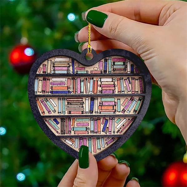 3D Book Lovers Heart Wooden Ornament – Handmade Decorative Piece