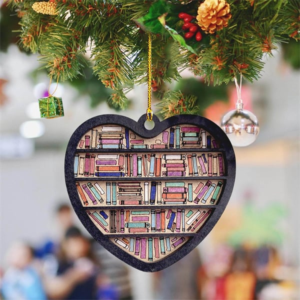 3D Book Lovers Heart Wooden Ornament – Handmade Decorative Piece