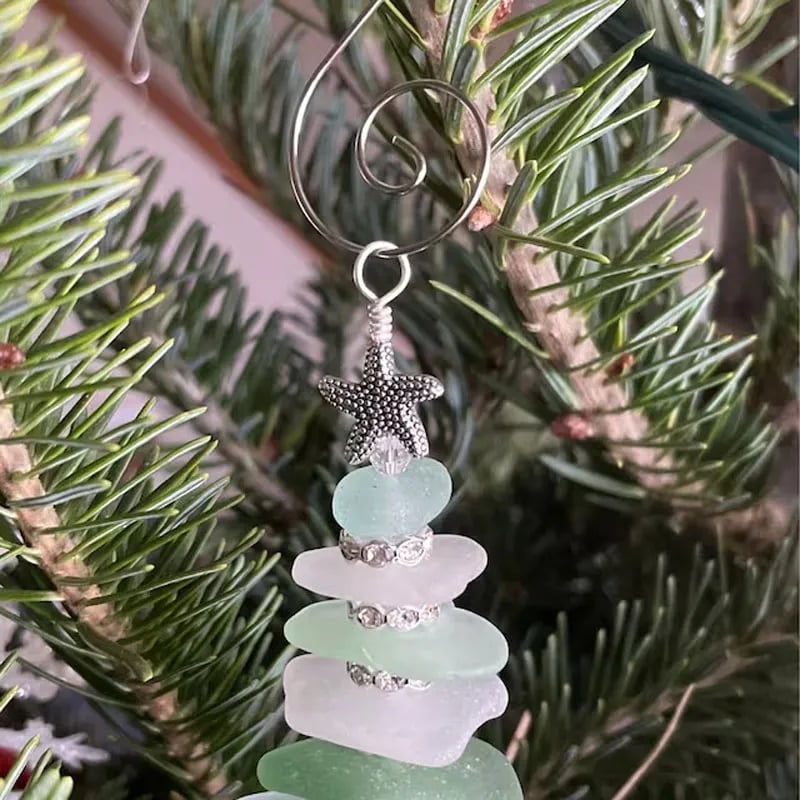 Handcrafted Sea Glass Tree Ornament – Elegant Holiday Piece