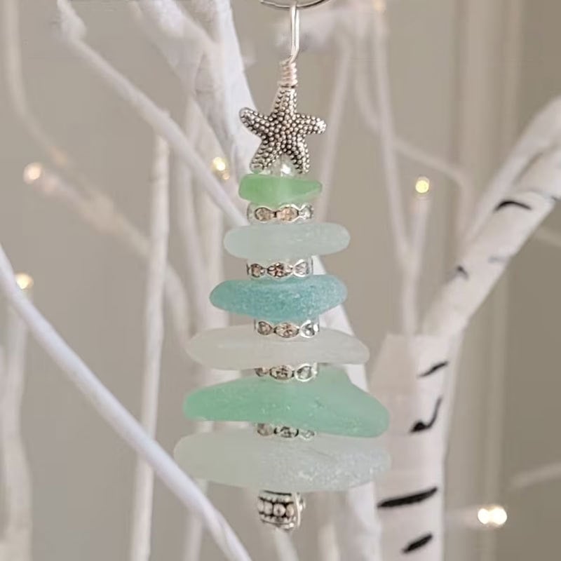 Handcrafted Sea Glass Tree Ornament – Elegant Holiday Piece