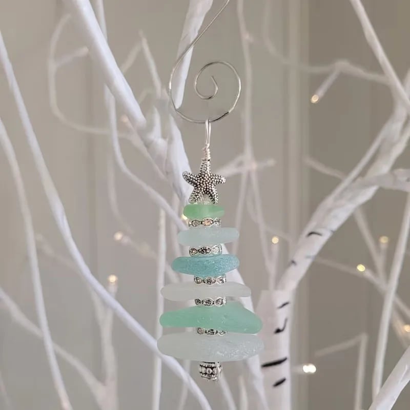 Handcrafted Sea Glass Tree Ornament – Elegant Holiday Piece